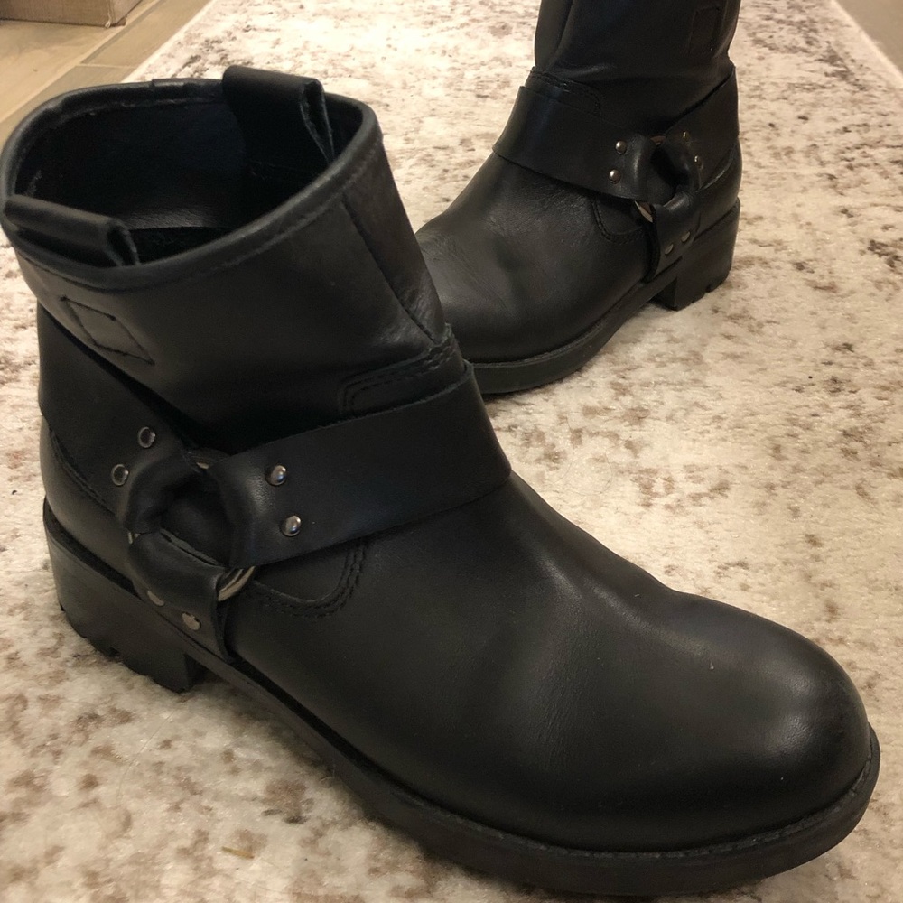 Frye inspired black buckle ankle combat boots